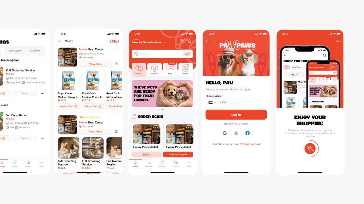 Pawpaws app screens: bookings, search results, home, log in and onboarding